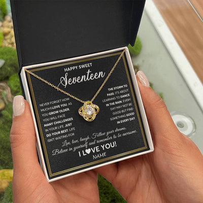 Love Knot Necklace 18K Yellow Gold Finish | Personalized Happy Sweet Seventeen Necklace Sweet 17 Gifts For Girls Birthday Jewelry 17 Seventeen Old Niece Daughter From Mom Dad Customized Gift Box Message Card | siriusteestore