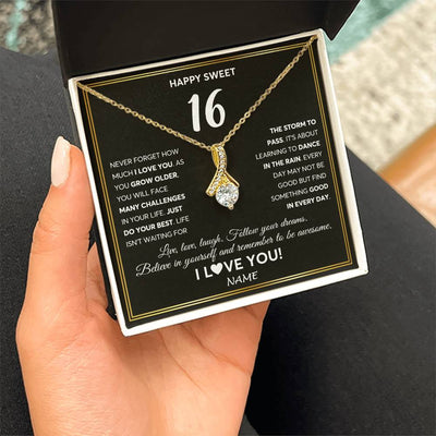 Alluring Beauty Necklace 18K Yellow Gold Finish | Personalized Happy Sweet Sixteen Necklace Sweet 16 Gifts For Girls Birthday Jewelry 16 Sixteen Old Niece Daughter From Mom Dad Customized Gift Box Message Card | siriusteestore