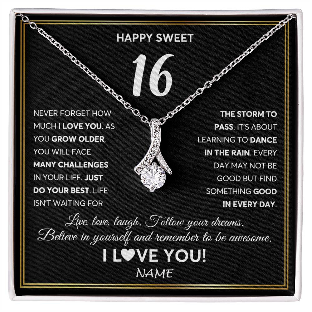 Alluring Beauty Necklace 14K White Gold Finish | Personalized Happy Sweet Sixteen Necklace Sweet 16 Gifts For Girls Birthday Jewelry 16 Sixteen Old Niece Daughter From Mom Dad Customized Gift Box Message Card | siriusteestore