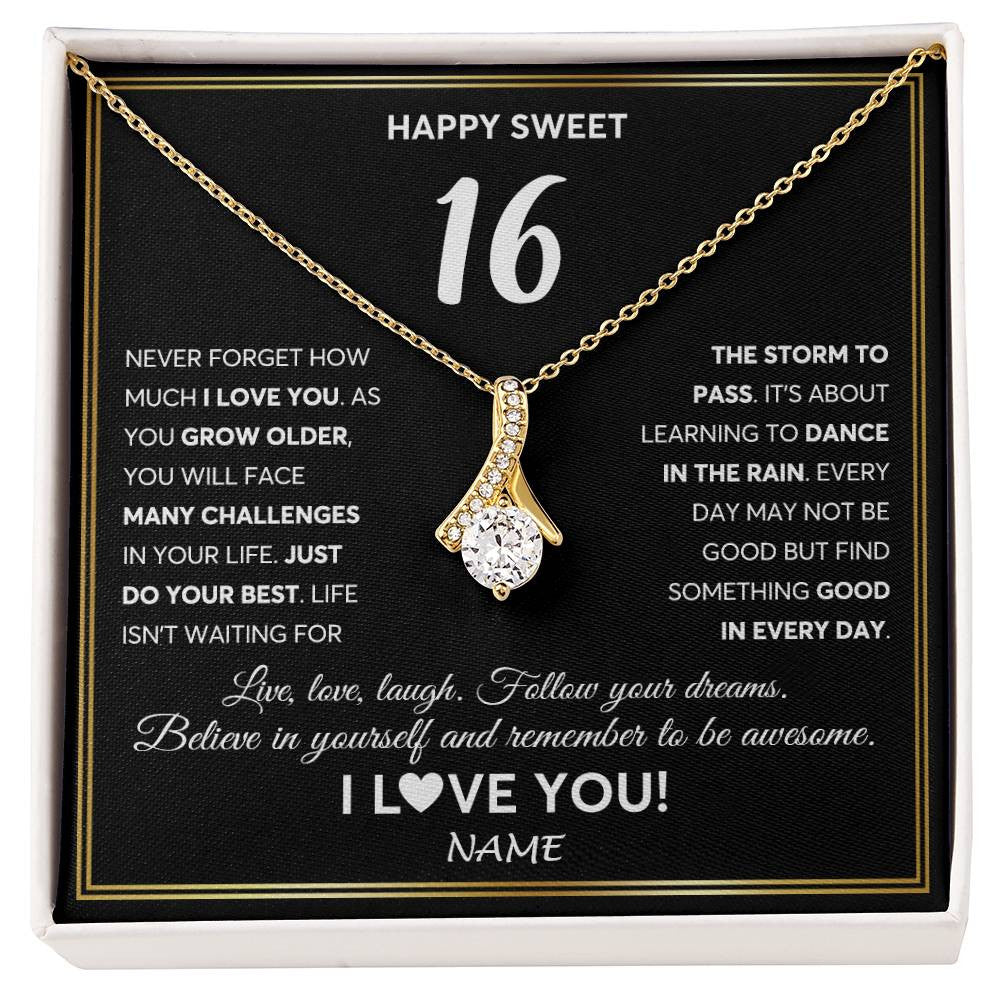 Alluring Beauty Necklace 18K Yellow Gold Finish | Personalized Happy Sweet Sixteen Necklace Sweet 16 Gifts For Girls Birthday Jewelry 16 Sixteen Old Niece Daughter From Mom Dad Customized Gift Box Message Card | siriusteestore