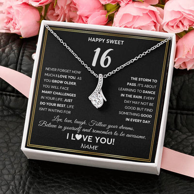 Alluring Beauty Necklace 14K White Gold Finish | Personalized Happy Sweet Sixteen Necklace Sweet 16 Gifts For Girls Birthday Jewelry 16 Sixteen Old Niece Daughter From Mom Dad Customized Gift Box Message Card | siriusteestore