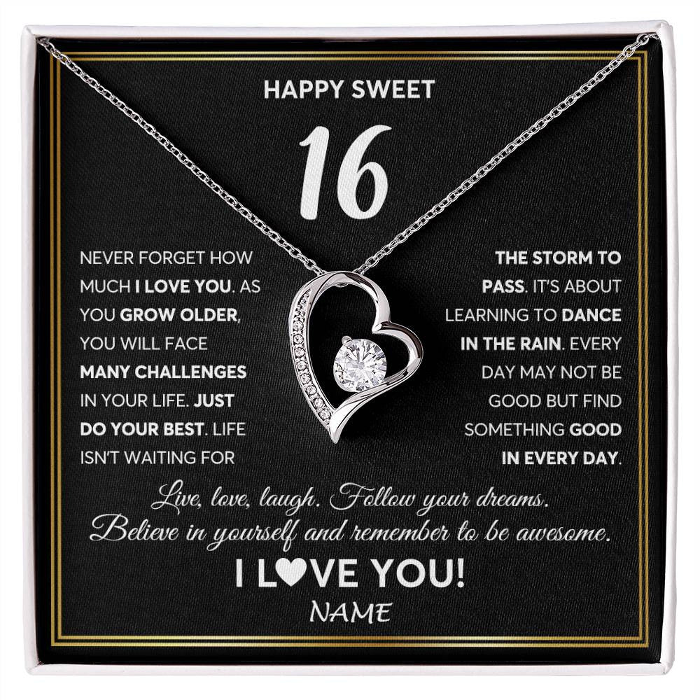Forever Love Necklace 14K White Gold Finish | Personalized Happy Sweet Sixteen Necklace Sweet 16 Gifts For Girls Birthday Jewelry 16 Sixteen Old Niece Daughter From Mom Dad Customized Gift Box Message Card | siriusteestore