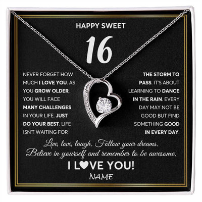Forever Love Necklace 14K White Gold Finish | Personalized Happy Sweet Sixteen Necklace Sweet 16 Gifts For Girls Birthday Jewelry 16 Sixteen Old Niece Daughter From Mom Dad Customized Gift Box Message Card | siriusteestore