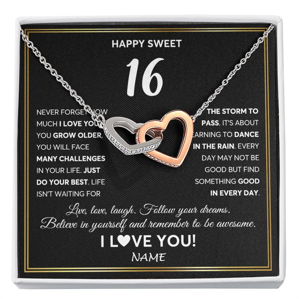 Interlocking Hearts Necklace Stainless Steel & Rose Gold Finish | Personalized Happy Sweet Sixteen Necklace Sweet 16 Gifts For Girls Birthday Jewelry 16 Sixteen Old Niece Daughter From Mom Dad Customized Gift Box Message Card | siriusteestore