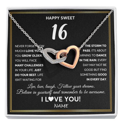 Interlocking Hearts Necklace Stainless Steel & Rose Gold Finish | Personalized Happy Sweet Sixteen Necklace Sweet 16 Gifts For Girls Birthday Jewelry 16 Sixteen Old Niece Daughter From Mom Dad Customized Gift Box Message Card | siriusteestore