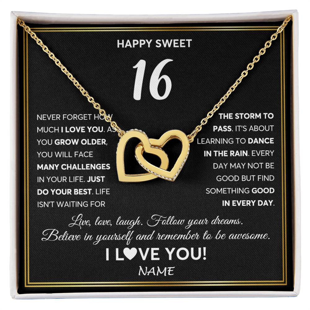 Interlocking Hearts Necklace 18K Yellow Gold Finish | Personalized Happy Sweet Sixteen Necklace Sweet 16 Gifts For Girls Birthday Jewelry 16 Sixteen Old Niece Daughter From Mom Dad Customized Gift Box Message Card | siriusteestore