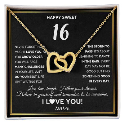 Interlocking Hearts Necklace 18K Yellow Gold Finish | Personalized Happy Sweet Sixteen Necklace Sweet 16 Gifts For Girls Birthday Jewelry 16 Sixteen Old Niece Daughter From Mom Dad Customized Gift Box Message Card | siriusteestore