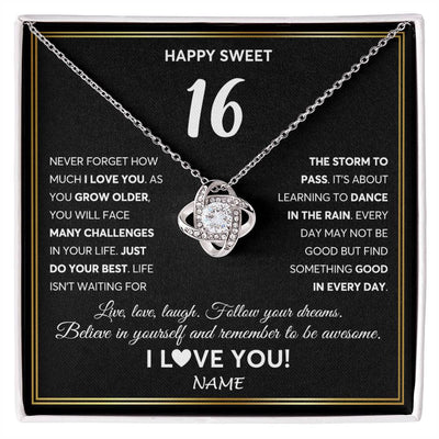 Love Knot Necklace 14K White Gold Finish | Personalized Happy Sweet Sixteen Necklace Sweet 16 Gifts For Girls Birthday Jewelry 16 Sixteen Old Niece Daughter From Mom Dad Customized Gift Box Message Card | siriusteestore
