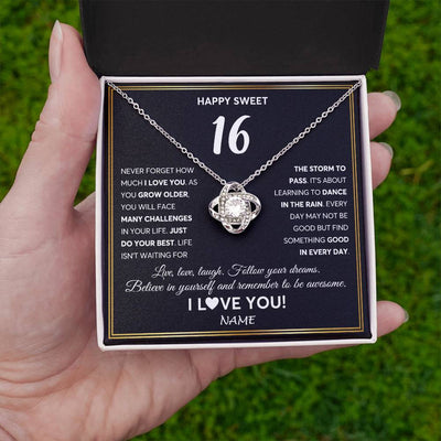 Love Knot Necklace 14K White Gold Finish | Personalized Happy Sweet Sixteen Necklace Sweet 16 Gifts For Girls Birthday Jewelry 16 Sixteen Old Niece Daughter From Mom Dad Customized Gift Box Message Card | siriusteestore
