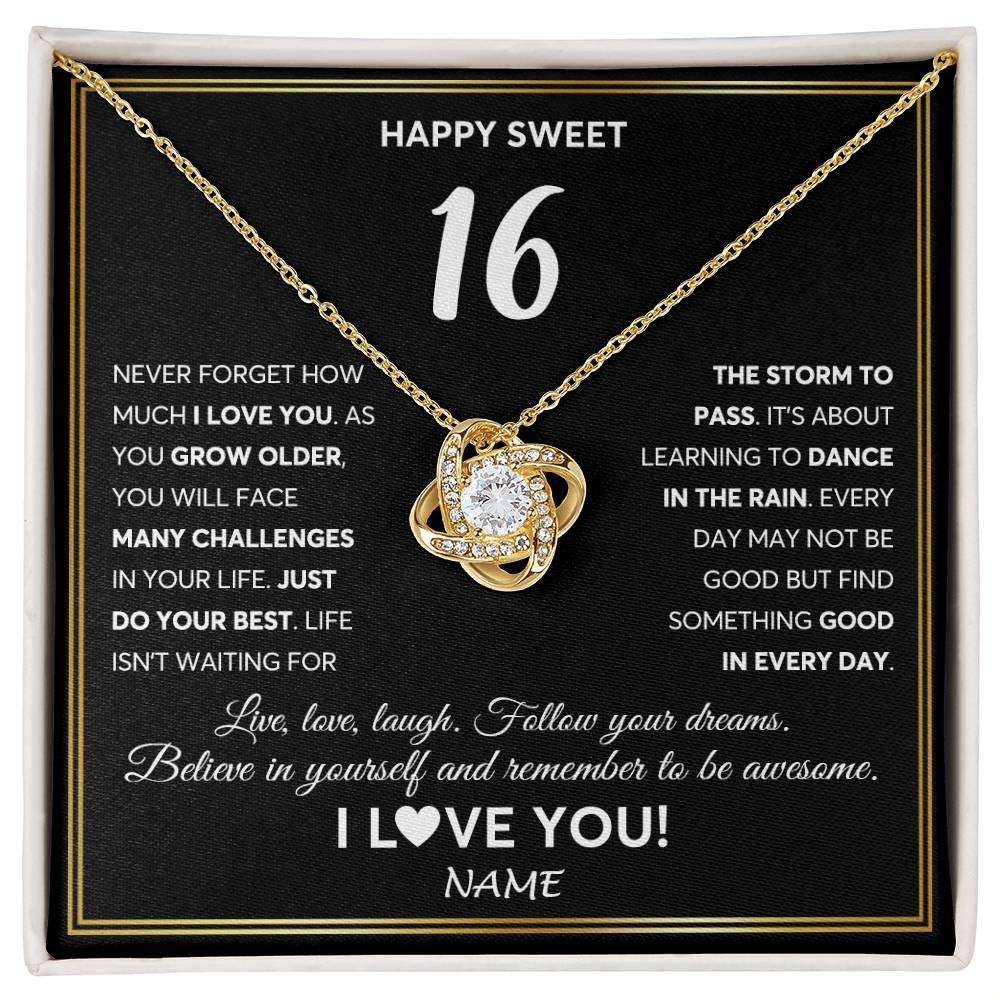 Love Knot Necklace 18K Yellow Gold Finish | Personalized Happy Sweet Sixteen Necklace Sweet 16 Gifts For Girls Birthday Jewelry 16 Sixteen Old Niece Daughter From Mom Dad Customized Gift Box Message Card | siriusteestore