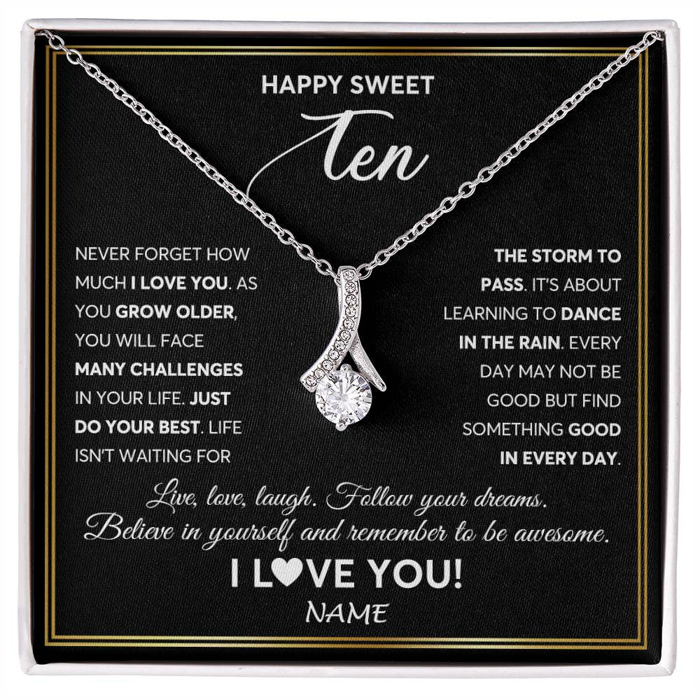Alluring Beauty Necklace 14K White Gold Finish | Personalized Happy Sweet Ten Necklace Sweet 10 Gifts For Girls Birthday Jewelry 10 Ten Old Niece Daughter From Mom Dad Customized Gift Box Message Card | siriusteestore