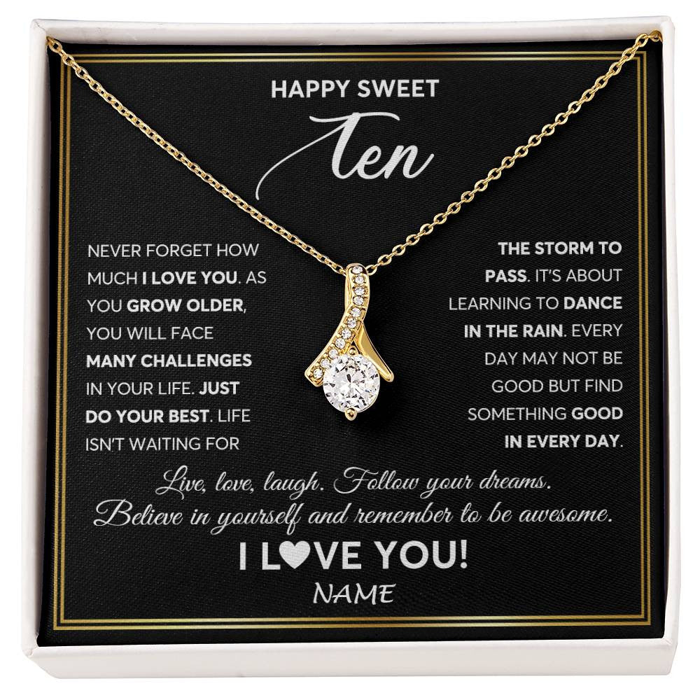 Alluring Beauty Necklace 18K Yellow Gold Finish | Personalized Happy Sweet Ten Necklace Sweet 10 Gifts For Girls Birthday Jewelry 10 Ten Old Niece Daughter From Mom Dad Customized Gift Box Message Card | siriusteestore