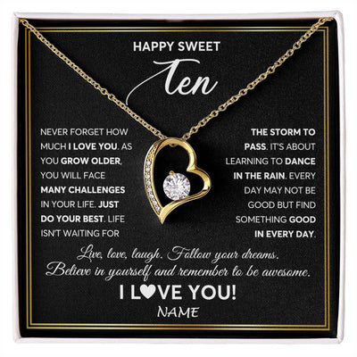 Forever Love Necklace 18K Yellow Gold Finish | Personalized Happy Sweet Ten Necklace Sweet 10 Gifts For Girls Birthday Jewelry 10 Ten Old Niece Daughter From Mom Dad Customized Gift Box Message Card | siriusteestore