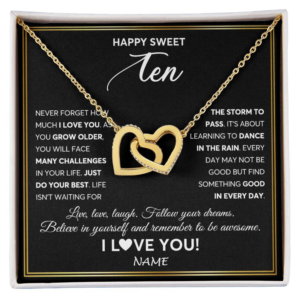 Interlocking Hearts Necklace 18K Yellow Gold Finish | Personalized Happy Sweet Ten Necklace Sweet 10 Gifts For Girls Birthday Jewelry 10 Ten Old Niece Daughter From Mom Dad Customized Gift Box Message Card | siriusteestore