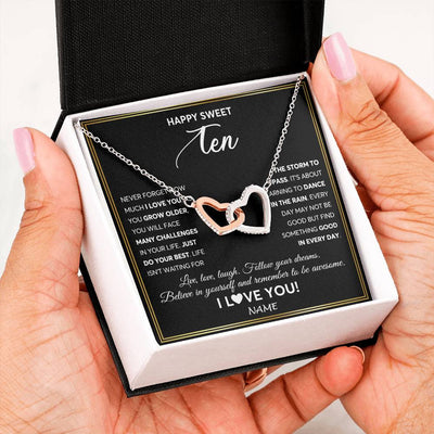 Interlocking Hearts Necklace Stainless Steel & Rose Gold Finish | Personalized Happy Sweet Ten Necklace Sweet 10 Gifts For Girls Birthday Jewelry 10 Ten Old Niece Daughter From Mom Dad Customized Gift Box Message Card | siriusteestore