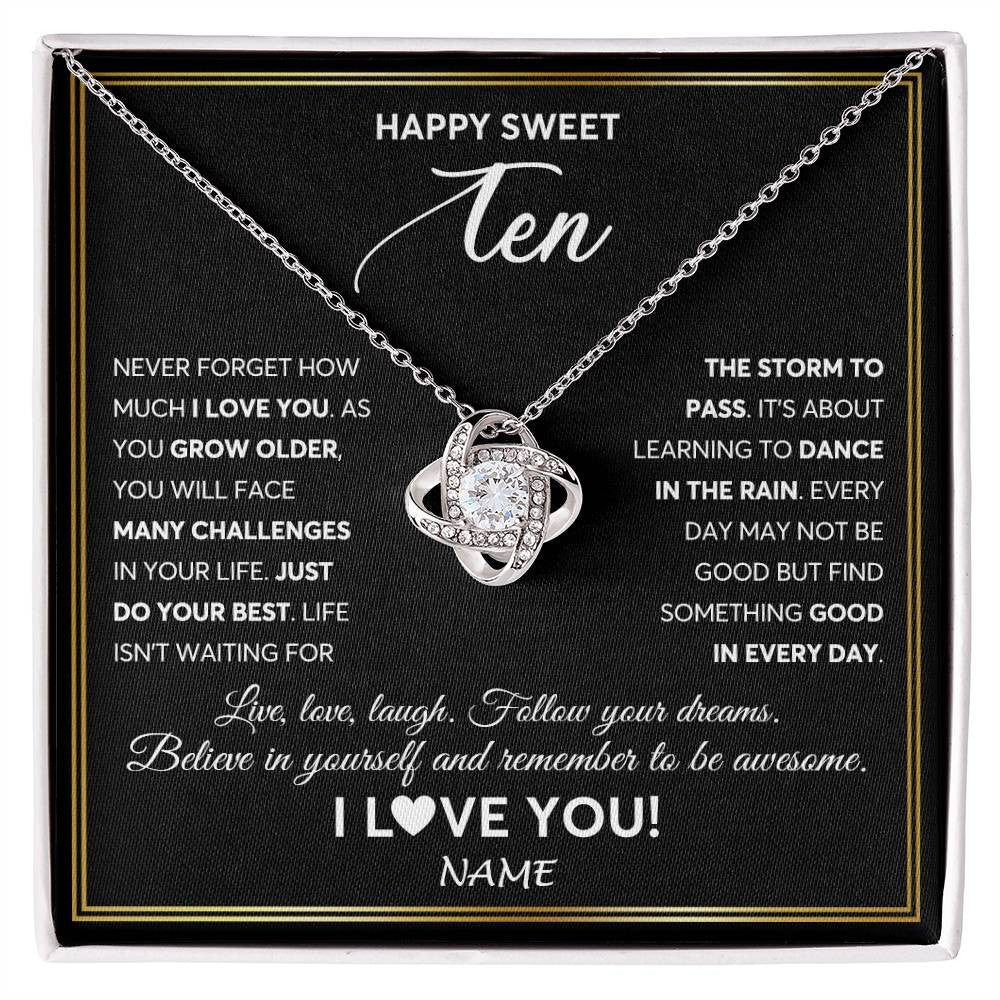 Love Knot Necklace 14K White Gold Finish | Personalized Happy Sweet Ten Necklace Sweet 10 Gifts For Girls Birthday Jewelry 10 Ten Old Niece Daughter From Mom Dad Customized Gift Box Message Card | siriusteestore