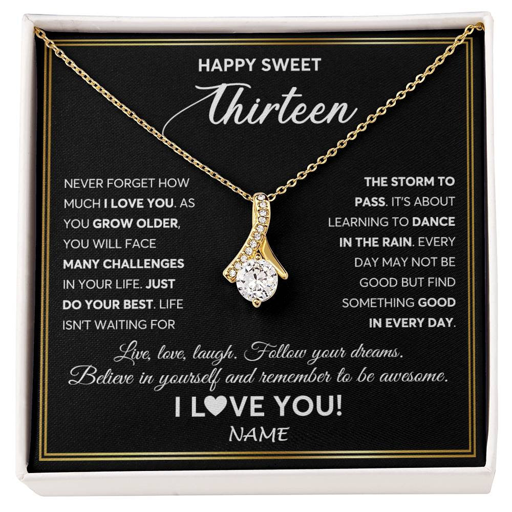 Alluring Beauty Necklace 18K Yellow Gold Finish | Personalized Happy Sweet Thirteen Necklace Sweet 13 Gifts For Girls Birthday Jewelry 13 Thirteen Old Niece Daughter From Mom Dad Customized Gift Box Message Card | siriusteestore