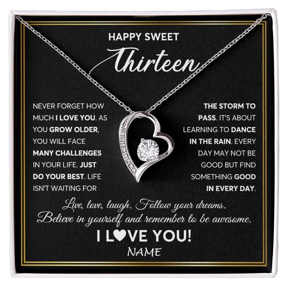 Forever Love Necklace 14K White Gold Finish | Personalized Happy Sweet Thirteen Necklace Sweet 13 Gifts For Girls Birthday Jewelry 13 Thirteen Old Niece Daughter From Mom Dad Customized Gift Box Message Card | siriusteestore