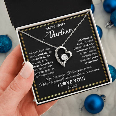 Forever Love Necklace 14K White Gold Finish | Personalized Happy Sweet Thirteen Necklace Sweet 13 Gifts For Girls Birthday Jewelry 13 Thirteen Old Niece Daughter From Mom Dad Customized Gift Box Message Card | siriusteestore