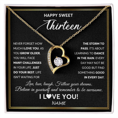 Forever Love Necklace 18K Yellow Gold Finish | Personalized Happy Sweet Thirteen Necklace Sweet 13 Gifts For Girls Birthday Jewelry 13 Thirteen Old Niece Daughter From Mom Dad Customized Gift Box Message Card | siriusteestore