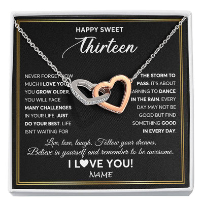 Interlocking Hearts Necklace Stainless Steel & Rose Gold Finish | Personalized Happy Sweet Thirteen Necklace Sweet 13 Gifts For Girls Birthday Jewelry 13 Thirteen Old Niece Daughter From Mom Dad Customized Gift Box Message Card | siriusteestore