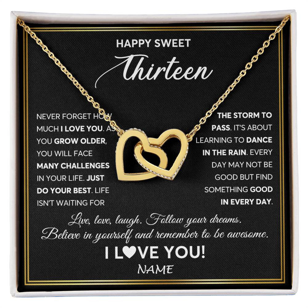 Interlocking Hearts Necklace 18K Yellow Gold Finish | Personalized Happy Sweet Thirteen Necklace Sweet 13 Gifts For Girls Birthday Jewelry 13 Thirteen Old Niece Daughter From Mom Dad Customized Gift Box Message Card | siriusteestore