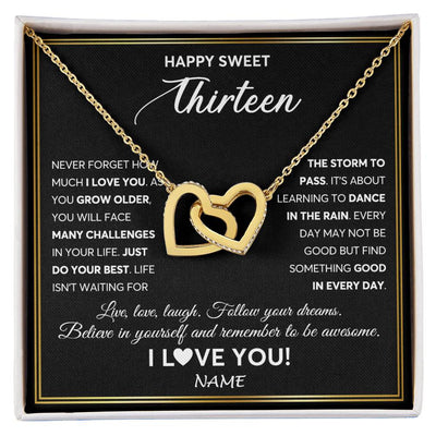 Interlocking Hearts Necklace 18K Yellow Gold Finish | Personalized Happy Sweet Thirteen Necklace Sweet 13 Gifts For Girls Birthday Jewelry 13 Thirteen Old Niece Daughter From Mom Dad Customized Gift Box Message Card | siriusteestore