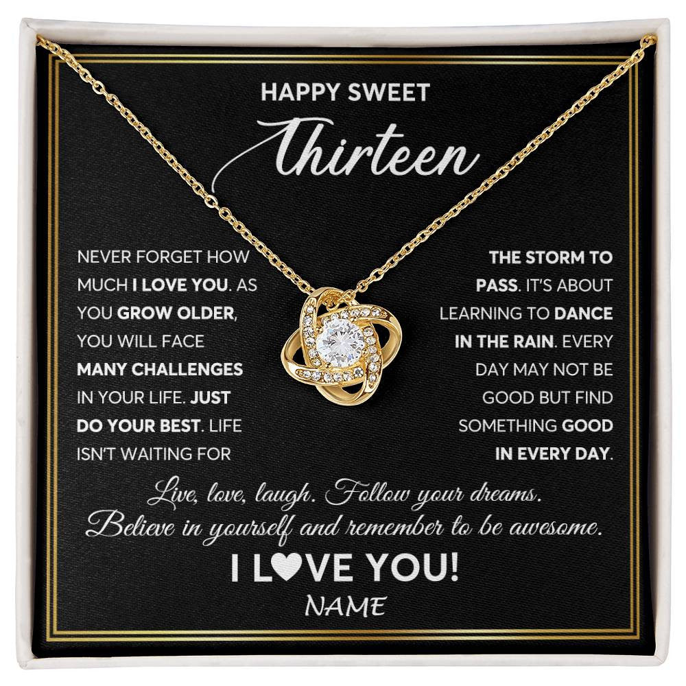 Love Knot Necklace 18K Yellow Gold Finish | Personalized Happy Sweet Thirteen Necklace Sweet 13 Gifts For Girls Birthday Jewelry 13 Thirteen Old Niece Daughter From Mom Dad Customized Gift Box Message Card | siriusteestore