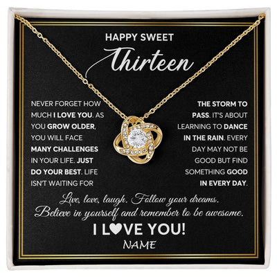 Love Knot Necklace 18K Yellow Gold Finish | Personalized Happy Sweet Thirteen Necklace Sweet 13 Gifts For Girls Birthday Jewelry 13 Thirteen Old Niece Daughter From Mom Dad Customized Gift Box Message Card | siriusteestore