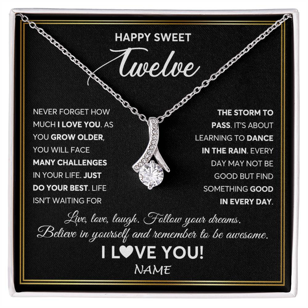 Alluring Beauty Necklace 14K White Gold Finish | Personalized Happy Sweet Twelve Necklace Sweet 12 Gifts For Girls Birthday Jewelry 12 Twelve Old Niece Daughter From Mom Dad Customized Gift Box Message Card | siriusteestore
