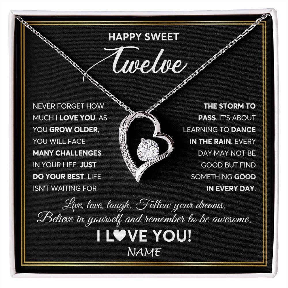 Forever Love Necklace 14K White Gold Finish | Personalized Happy Sweet Twelve Necklace Sweet 12 Gifts For Girls Birthday Jewelry 12 Twelve Old Niece Daughter From Mom Dad Customized Gift Box Message Card | siriusteestore
