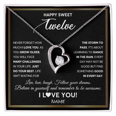 Forever Love Necklace 14K White Gold Finish | Personalized Happy Sweet Twelve Necklace Sweet 12 Gifts For Girls Birthday Jewelry 12 Twelve Old Niece Daughter From Mom Dad Customized Gift Box Message Card | siriusteestore