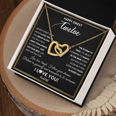 Interlocking Hearts Necklace 18K Yellow Gold Finish | Personalized Happy Sweet Twelve Necklace Sweet 12 Gifts For Girls Birthday Jewelry 12 Twelve Old Niece Daughter From Mom Dad Customized Gift Box Message Card | siriusteestore