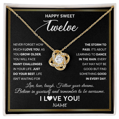 Love Knot Necklace 18K Yellow Gold Finish | Personalized Happy Sweet Twelve Necklace Sweet 12 Gifts For Girls Birthday Jewelry 12 Twelve Old Niece Daughter From Mom Dad Customized Gift Box Message Card | siriusteestore