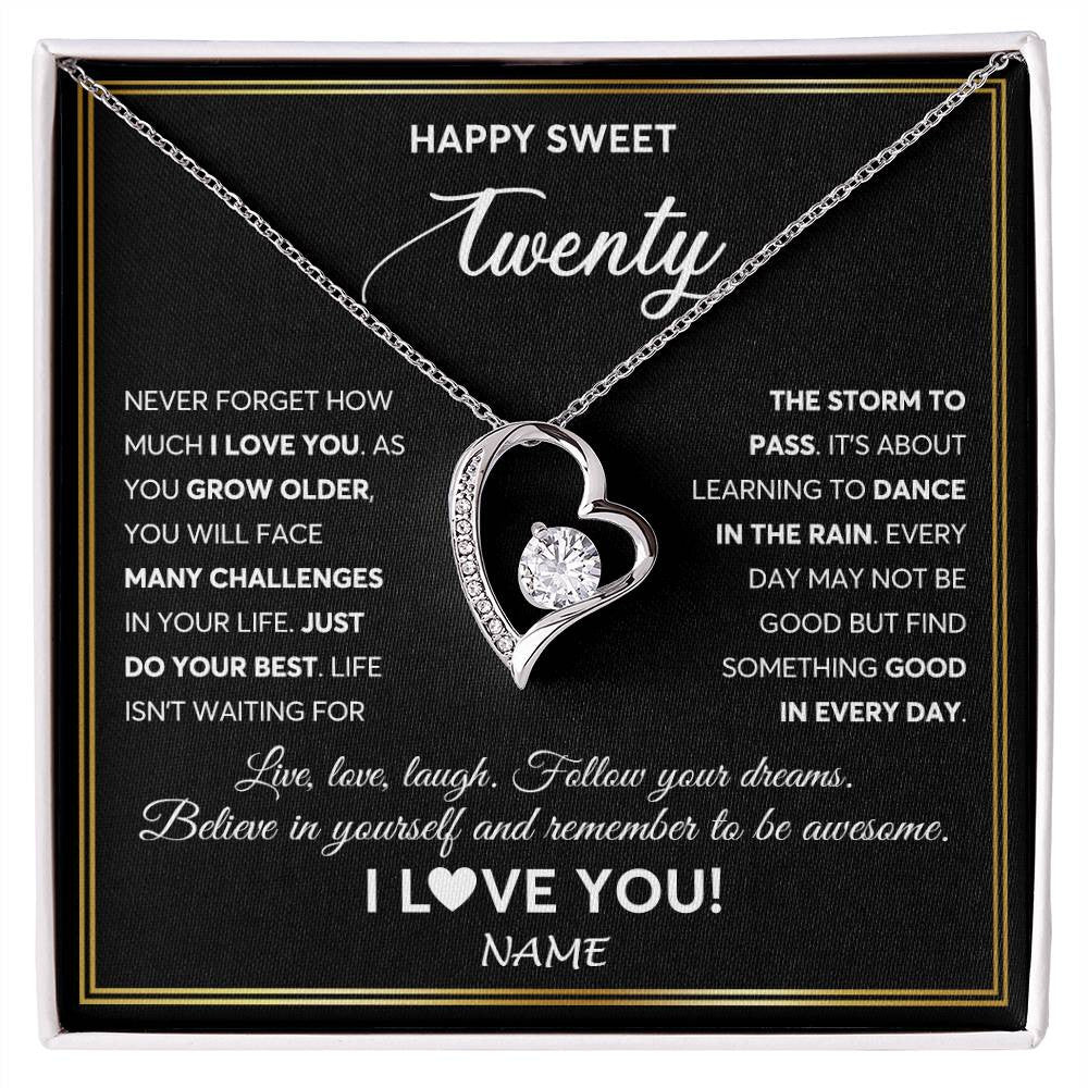 Forever Love Necklace 14K White Gold Finish | Personalized Happy Sweet Twenty Necklace Sweet 20 Gifts For Girls Birthday Jewelry 20 Twenty Old Niece Daughter From Mom Dad Customized Gift Box Message Card | siriusteestore
