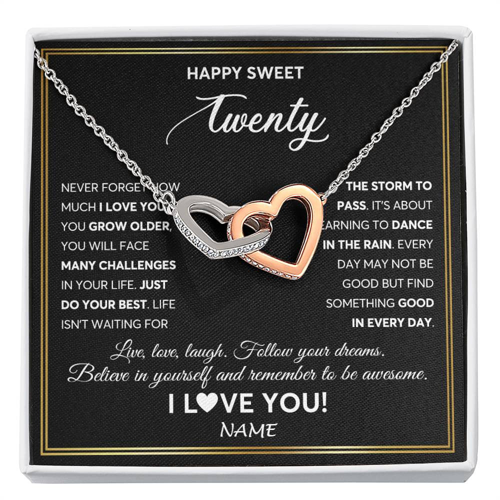 Interlocking Hearts Necklace Stainless Steel & Rose Gold Finish | Personalized Happy Sweet Twenty Necklace Sweet 20 Gifts For Girls Birthday Jewelry 20 Twenty Old Niece Daughter From Mom Dad Customized Gift Box Message Card | siriusteestore