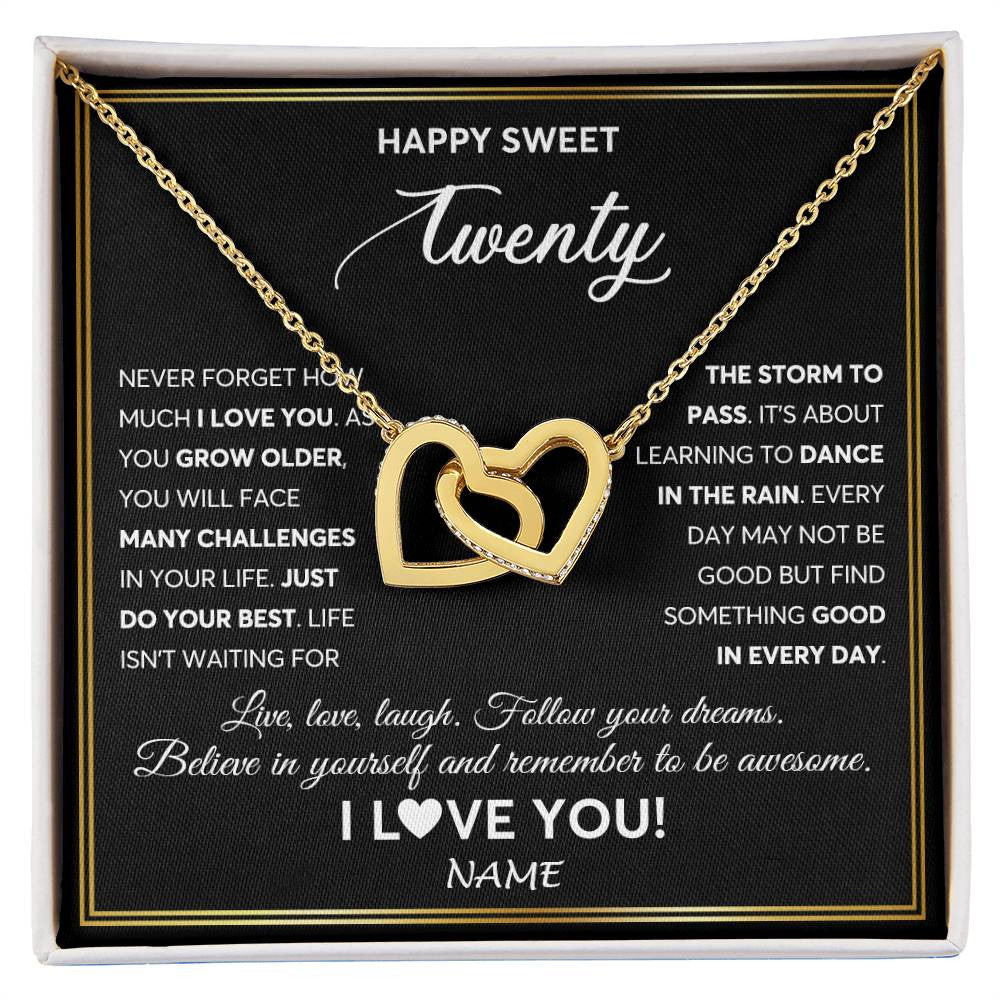 Interlocking Hearts Necklace 18K Yellow Gold Finish | Personalized Happy Sweet Twenty Necklace Sweet 20 Gifts For Girls Birthday Jewelry 20 Twenty Old Niece Daughter From Mom Dad Customized Gift Box Message Card | siriusteestore