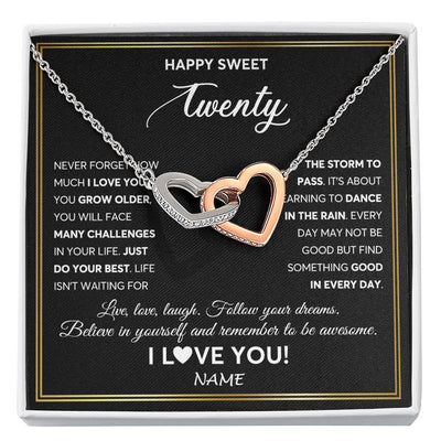 Interlocking Hearts Necklace Stainless Steel & Rose Gold Finish | Personalized Happy Sweet Twenty Necklace Sweet 20 Gifts For Girls Birthday Jewelry 20 Twenty Old Niece Daughter From Mom Dad Customized Gift Box Message Card | siriusteestore