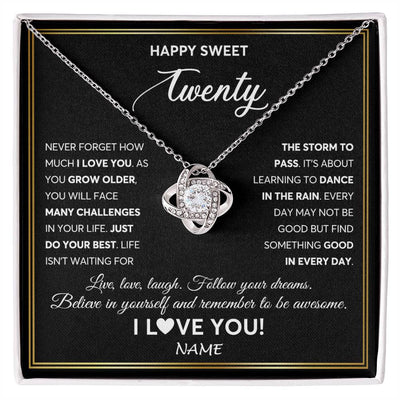 Love Knot Necklace 14K White Gold Finish | Personalized Happy Sweet Twenty Necklace Sweet 20 Gifts For Girls Birthday Jewelry 20 Twenty Old Niece Daughter From Mom Dad Customized Gift Box Message Card | siriusteestore
