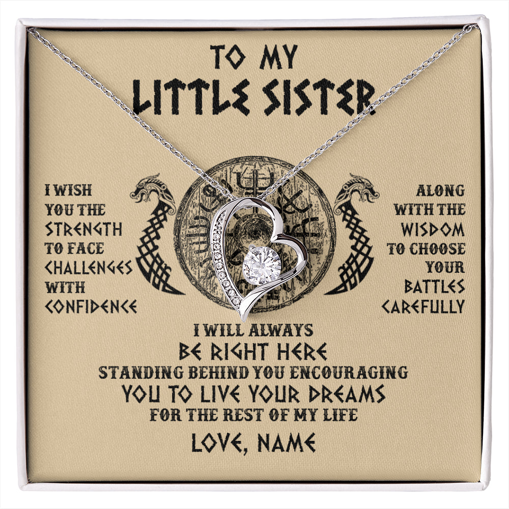 Forever Love Necklace 14K White Gold Finish | 1 | Personalized Little Sister Viking Necklace I Wish You The Strength Scandinavian Norse Runes Viking For Women Sister Birthday Customized Gift Box Message Card | siriusteestore