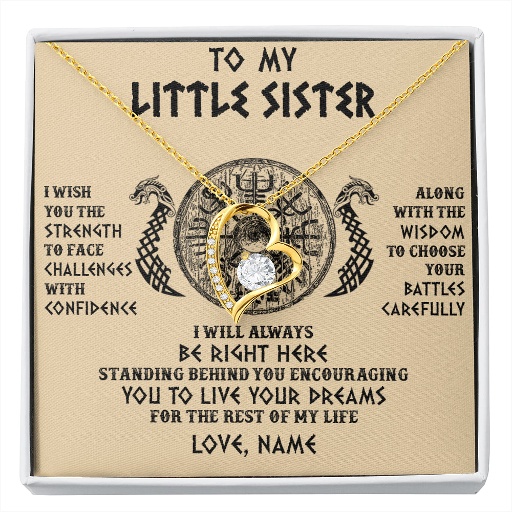 Forever Love Necklace 18K Yellow Gold Finish | 1 | Personalized Little Sister Viking Necklace I Wish You The Strength Scandinavian Norse Runes Viking For Women Sister Birthday Customized Gift Box Message Card | siriusteestore