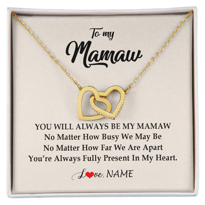 Interlocking Hearts Necklace 18K Yellow Gold Finish | Personalized Mamaw Necklace From Grandkids Granddaughter Grandson You're Always In My Heart Mamaw Birthday Mothers Day Jewelry Customized Gift Box Message Card | siriusteestore