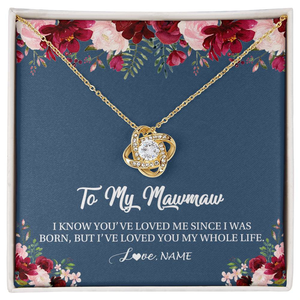 Love Knot Necklace 18K Yellow Gold Finish | Personalized Mawmaw Necklace From Grandkids Granddaughter Grandson I've Loved You My Whole Life Floral Mawmaw Birthday Mothers Day Christmas Customized Message Card | siriusteestore