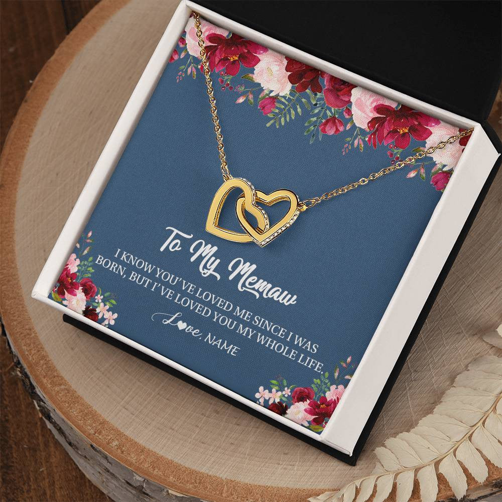 Interlocking Hearts Necklace 18K Yellow Gold Finish | Personalized Memaw Necklace From Grandkids Granddaughter Grandson I've Loved You My Whole Life Floral Memaw Birthday Mothers Day Christmas Customized Message Card | siriusteestore