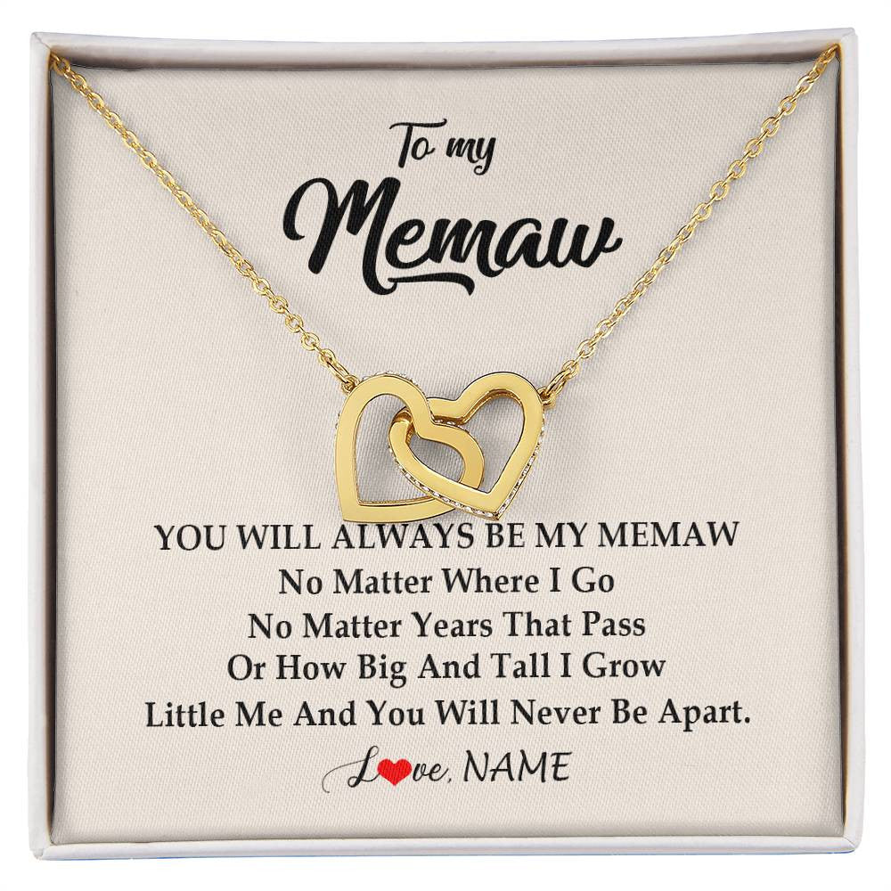Interlocking Hearts Necklace 18K Yellow Gold Finish | Personalized Memaw Necklace From Grandkids Granddaughter Grandson You Will Always Be My Meme Birthday Mothers Day Christmas Customized Gift Box Message Card | siriusteestore