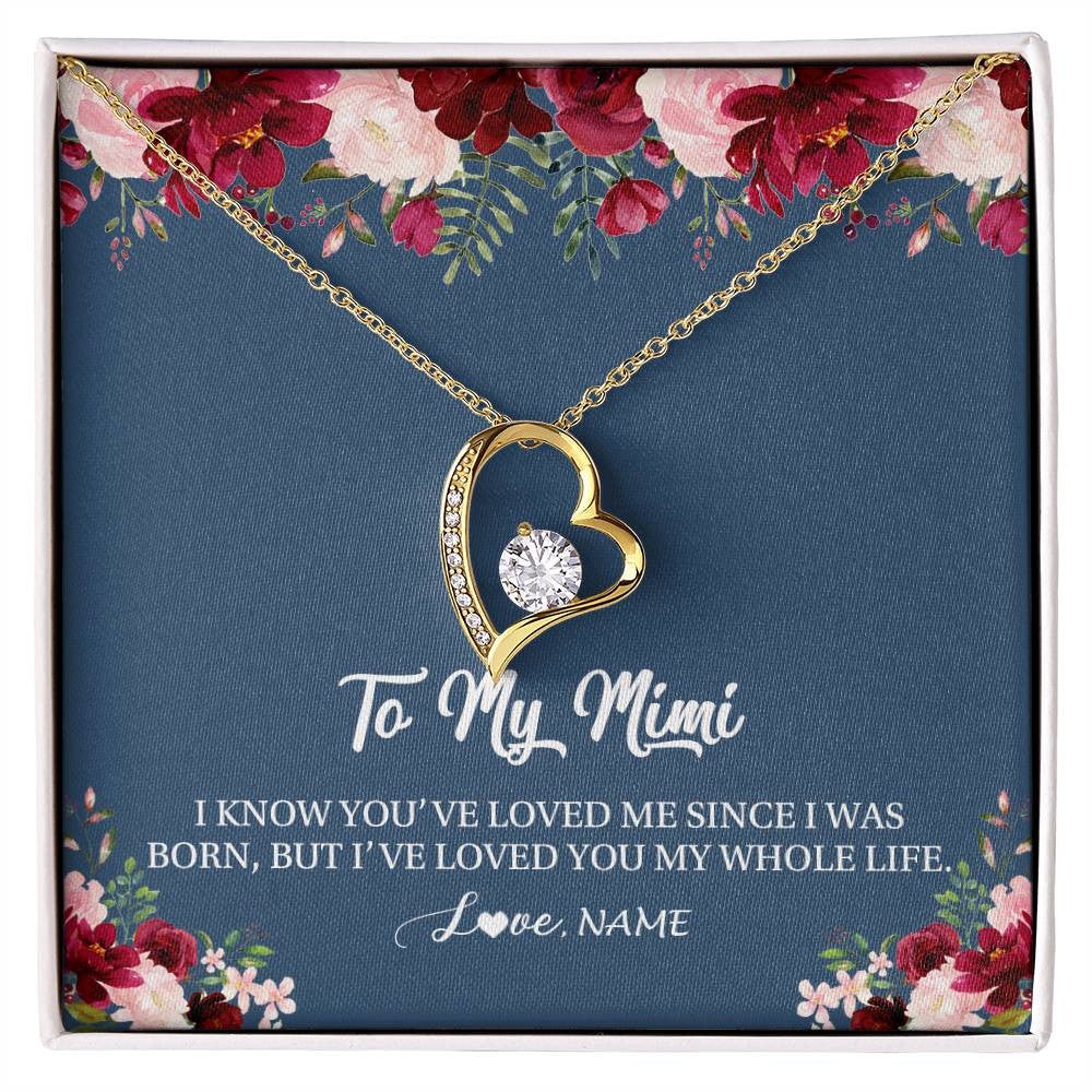 Forever Love Necklace 18K Yellow Gold Finish | Personalized Mimi Necklace From Grandkids Granddaughter Grandson I've Loved You My Whole Life Floral Mimi Birthday Mothers Day Christmas Customized Message Card | siriusteestore