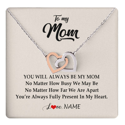 Interlocking Hearts Necklace Stainless Steel & Rose Gold Finish | 1 | Personalized Mom Necklace From Daughter Son You're Always In My Heart Mom Birthday Mothers Day Christmas Jewelry Pendant Customized Gift Box Message Card | siriusteestore