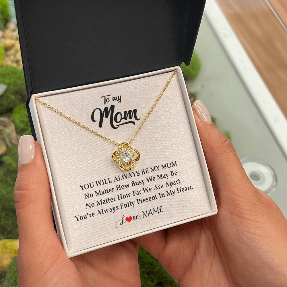 Love Knot Necklace 18K Yellow Gold Finish | Personalized Mom Necklace From Daughter Son You're Always In My Heart Mom Birthday Mothers Day Christmas Jewelry Pendant Customized Gift Box Message Card | siriusteestore