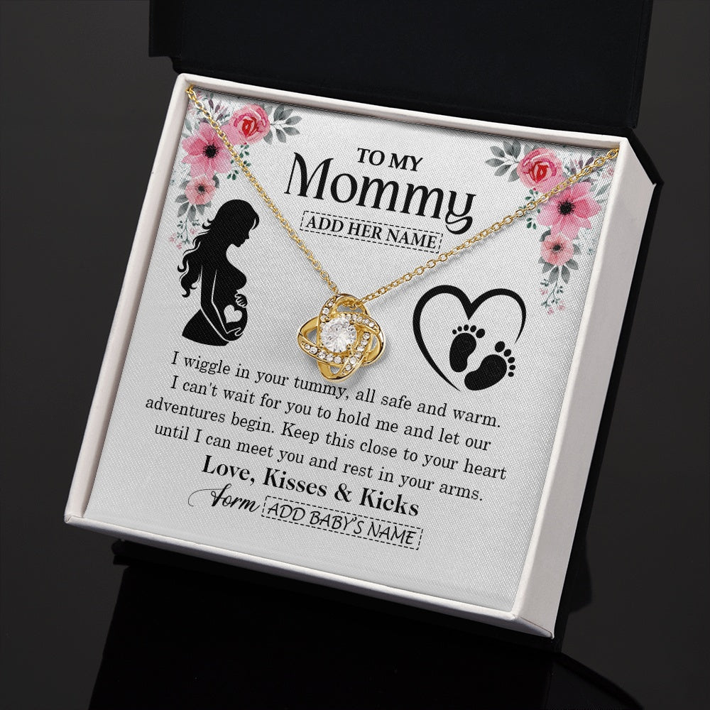 Love Knot Necklace 18K Yellow Gold Finish | 2 | Personalized Mom To Be Gift Pregnancy Gifts For Expecting Mommy Necklace For Women New Mother Present Mothers Day Jewellery Idea Custom Gift Box Message Card | https://siriusteestore.