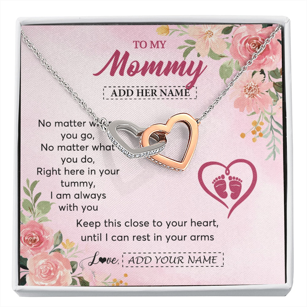 Interlocking Hearts Necklace Stainless Steel & Rose Gold Finish | 1 | Personalized Mommy To Be Gift Pregnancy Gifts To My Mommy From Baby Bump Necklace Expecting Mom Gifts New Mothers Day Jewellery Custom Gift Box Message Card | https://siriusteestore.